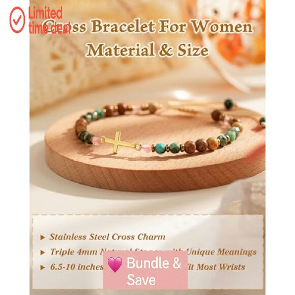 Christian Cross Bracelet with Natural Stones, Adjustable Elastic, Scripture Card - Picture 6 of 8